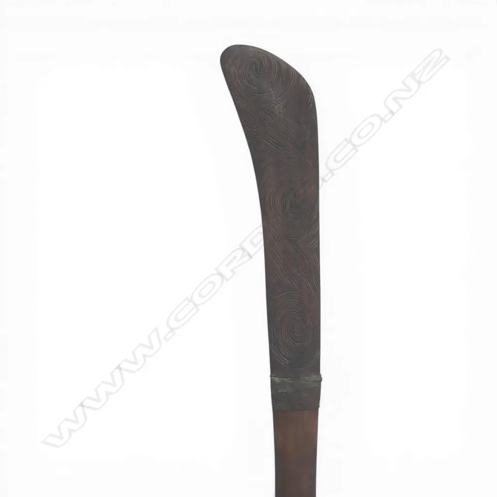 A mid / late 20thC Māori carved hardwood long shafted uncommon form club, Image 1++