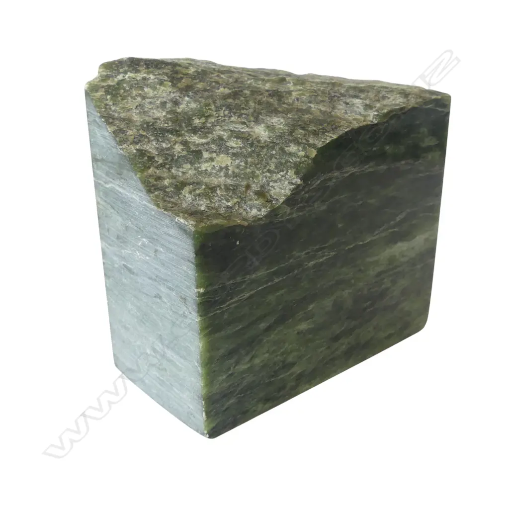 Cut block of New Zealand pounamu with one natural shaped surface, Image 1++