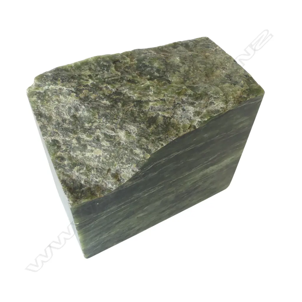 Cut block of New Zealand pounamu with one natural shaped surface, Image 1++