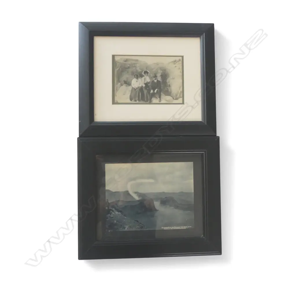 A vintage photograph of a Māori guide with a framed reprint 'Fryingpan Flat and Waimangu - Ten Days After Eruption' by C. Spencer, Image 1++