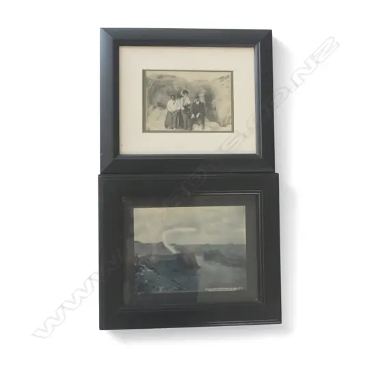 A vintage photograph of a Māori guide with a framed reprint 'Fryingpan Flat and Waimangu - Ten Days After Eruption' by C. Spencer,
