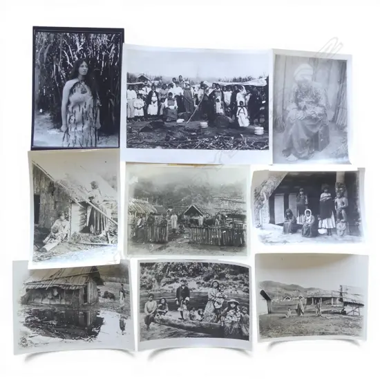 Nine 19thC Māori repint photographs of various people: Wharepuni at Parekino - Wanganui Wanganui river scene etc.