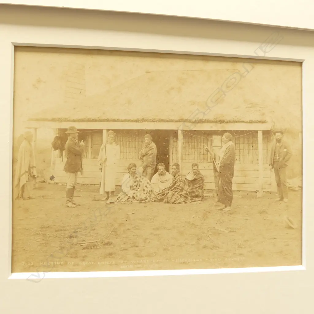 Burton Bros, Three vintage photographs, 'Taumaranui - King Country', 'Meeting of Great Chiefs at Whare-Komiti, King Country', Te Aroha .. (titled indistinctly), plus futher images of a Tekoteko by photographer unknown,  'Avonside, Christchurch' and a group of men. Image 1++