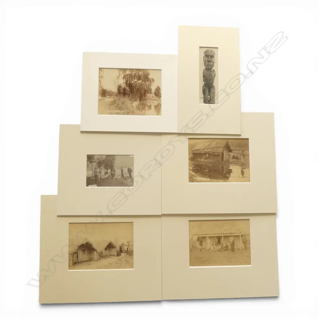 Burton Bros, Three vintage photographs, 'Taumaranui - King Country', 'Meeting of Great Chiefs at Whare-Komiti, King Country', Te Aroha .. (titled indistinctly), plus futher images of a Tekoteko by photographer unknown,  'Avonside, Christchurch' and a group of men. Image 1++