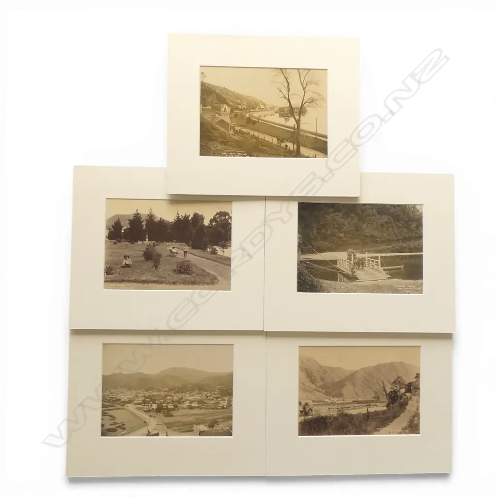 Five various 19thC Tyree of Nelson vintage photographs includes, 'Nelson' 'Lukins Wharf, Port Road Nelson', 'Queen's Gardens', 'Baton Road', 'Mangahua Punt', Image 1++