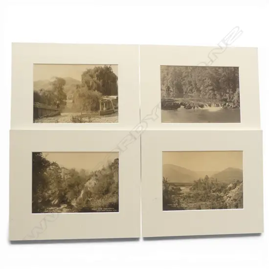 Four various 19thC Tyree of Nelson vintage photographs includes, 'Rai Falls', 'Clark River, Mount Arthur (men on horses)', 'Mount Arthur (cattle)', 'Matai Breakwater'