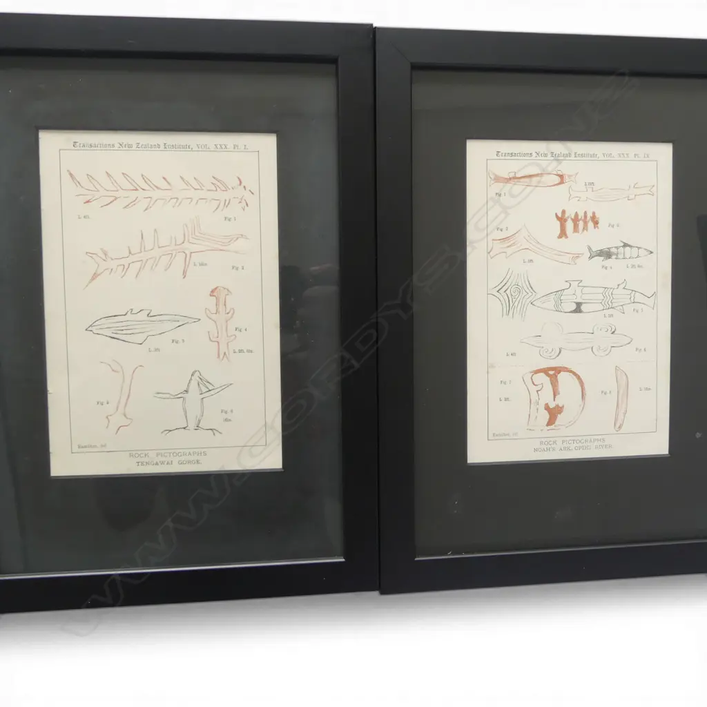 A set of six illustrated plates depiciting various rock pictographs in South Canterbury published in Transactions and Proceedings of the Royal Society of New Zealand Journal Image 1++