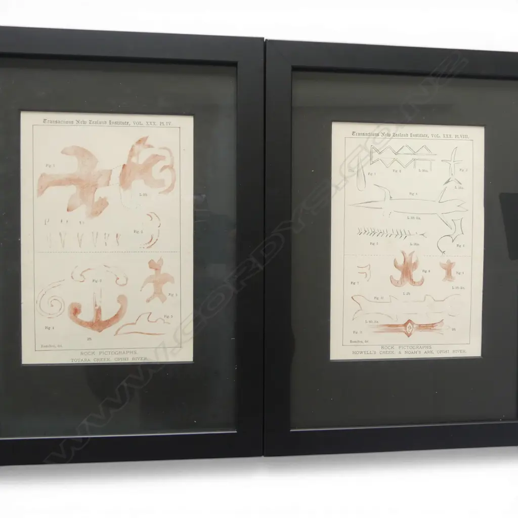 A set of six illustrated plates depiciting various rock pictographs in South Canterbury published in Transactions and Proceedings of the Royal Society of New Zealand Journal Image 1++