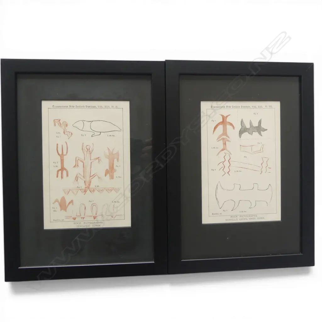A set of six illustrated plates depiciting various rock pictographs in South Canterbury published in Transactions and Proceedings of the Royal Society of New Zealand Journal Image 1++