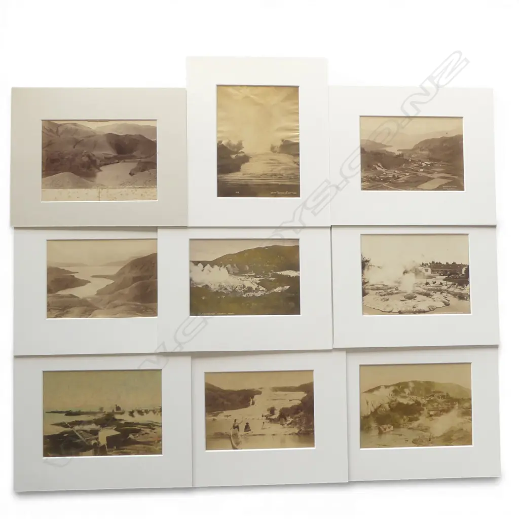 Nine vintage photos of Rotorua and surrounding areas incl. 'Whakarewarewa' by Iles Photo, 'Pink Terrace' by Burton Bros, 'Ohinemutu' by Blencowe Photo, 'White Terrace', and 'Wairoa after Eruption', plus one double sided card of 'Mt Tarawera' and 'Echo Lake' Image 1++