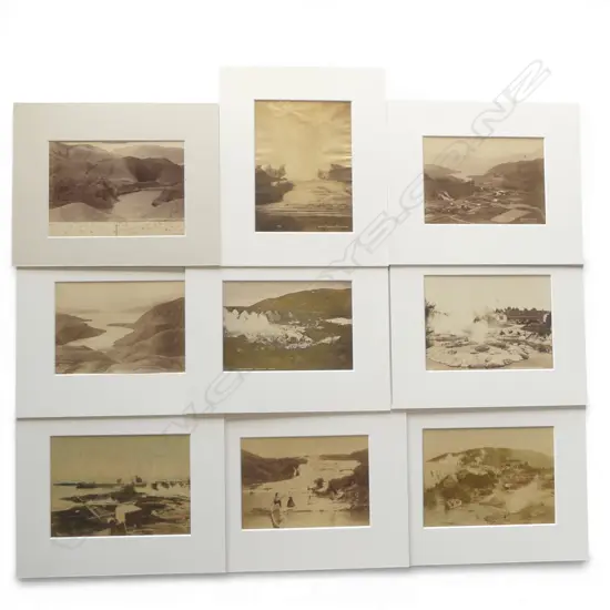 Nine vintage photos of Rotorua and surrounding areas incl. 'Whakarewarewa' by Iles Photo, 'Pink Terrace' by Burton Bros, 'Ohinemutu' by Blencowe Photo, 'White Terrace', and 'Wairoa after Eruption', plus one double sided card of 'Mt Tarawera' and 'Echo Lake'
