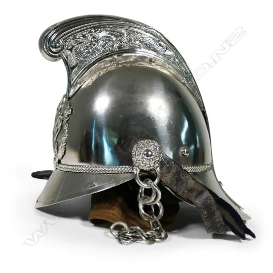 A vintage chrome fireman's helmet,