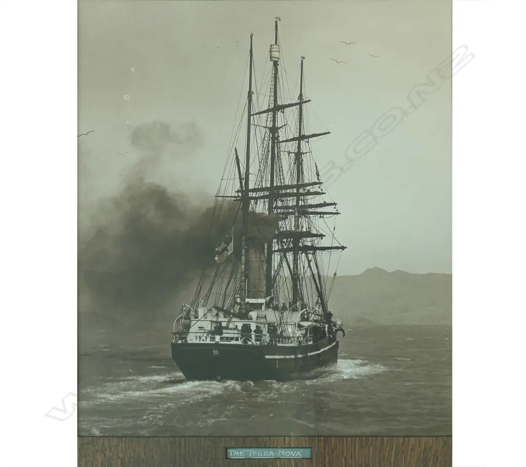 A vintage black and white photo of the Terra-Nova in Port Chalmers, Dunedin, Image 1++