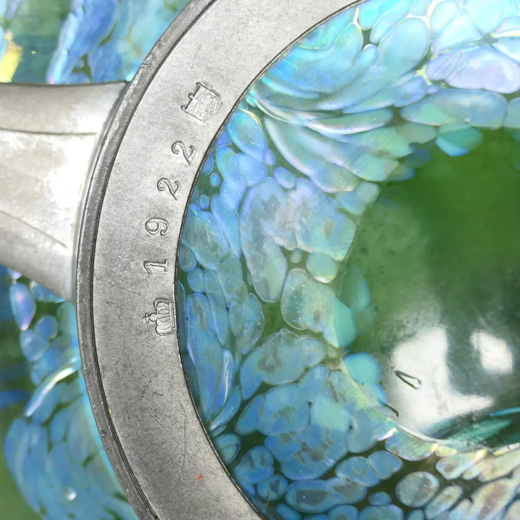 A late 19thC Art Nouveau Fritz Heckert iridescent glass vase in pewter mount, Image 1++