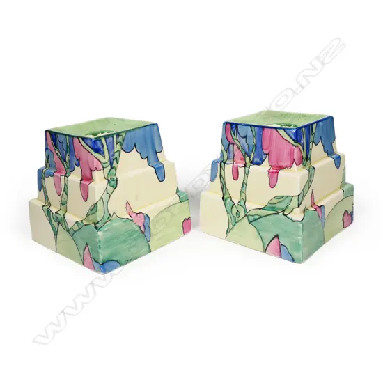 A pair of Clarice Cliff Bizarre 'Rudyard' candlesticks,