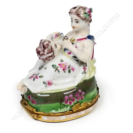 A rare 18thC French Saint Cloud gold mounted porcelain and hardstone snuff box,