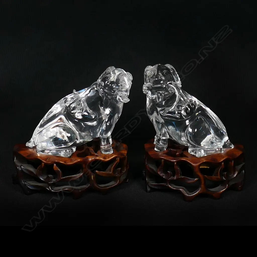 A pair of Chinese carved rock crystal goats on fitted stands, Image 1++