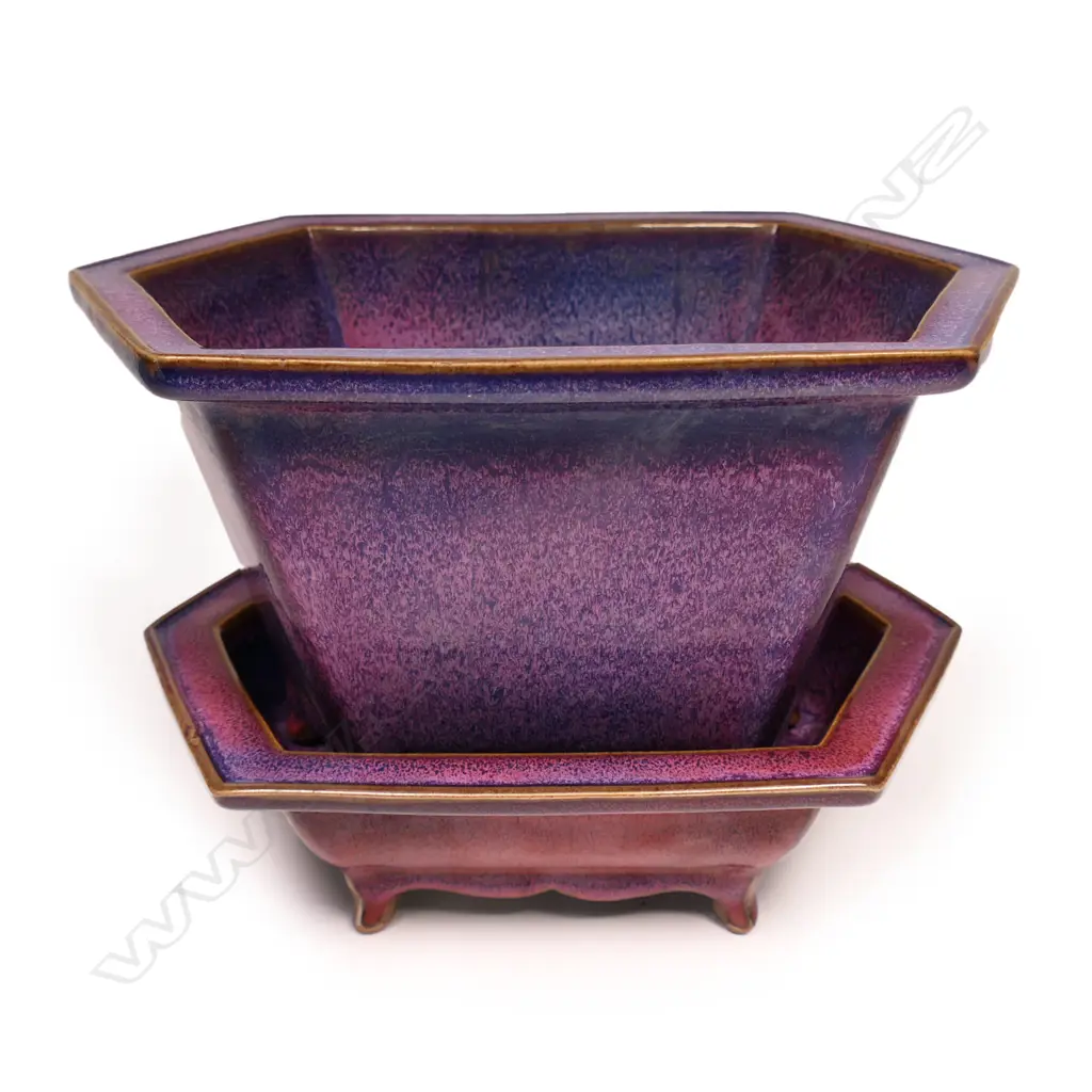 A quality Chinese hexagonal lavender glaze bonsai planter and base, Image 1++