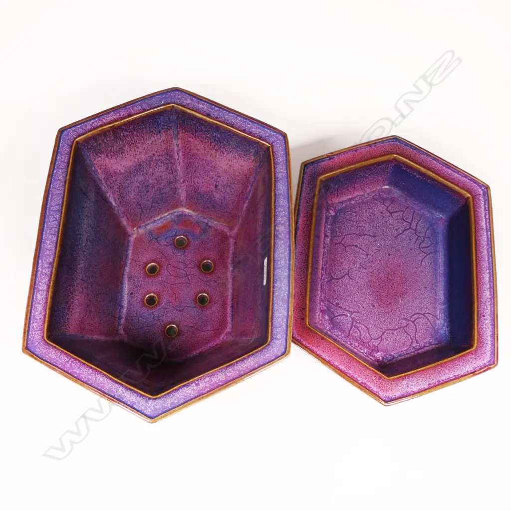 A quality Chinese hexagonal lavender glaze bonsai planter and base, Image 1++