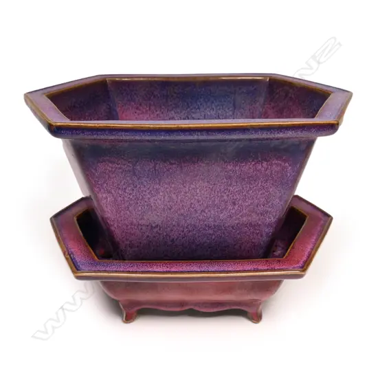 A quality Chinese hexagonal lavender glaze bonsai planter and base,