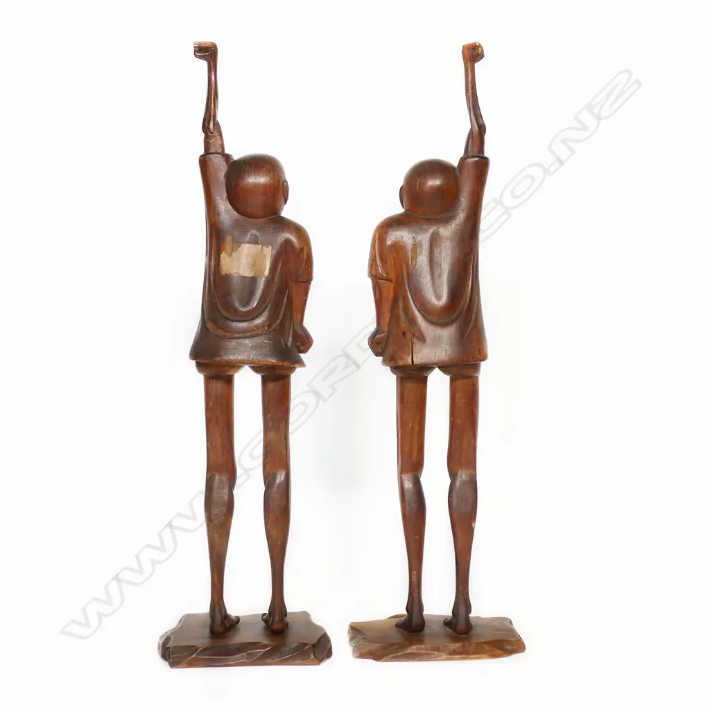 A pair of old carved wood oriental standing comical figures, Image 1++