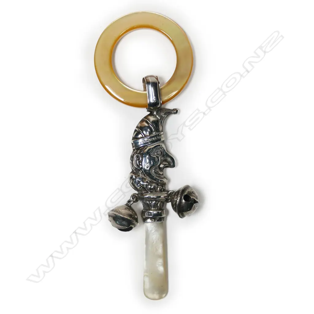 A silver and simulated mother of pearl baby rattle, Image 1++