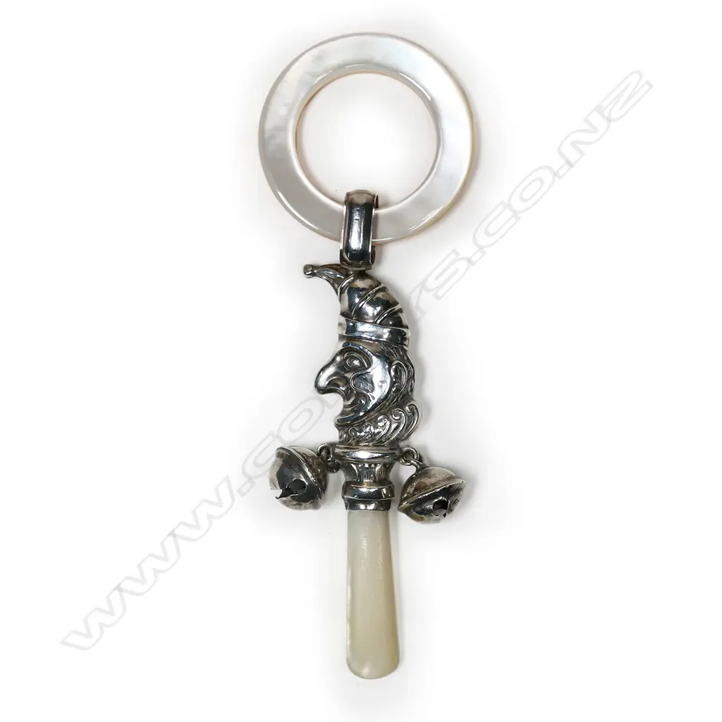 A silver and simulated mother of pearl baby rattle, Image 1++