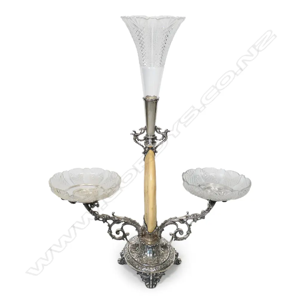 A Victorian silver plate and hippopotamus tusk table centre piece, Image 1++