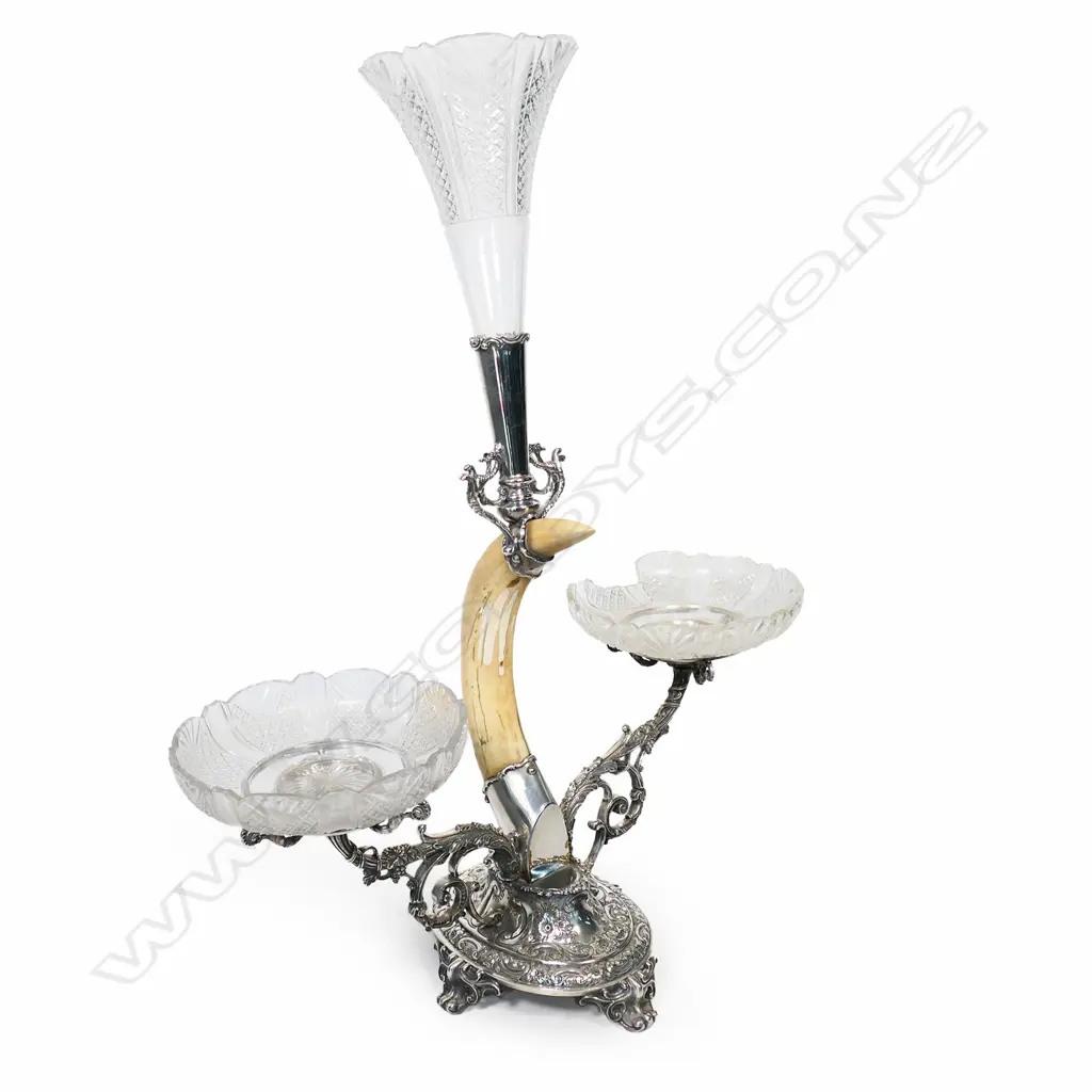 A Victorian silver plate and hippopotamus tusk table centre piece, Image 1++