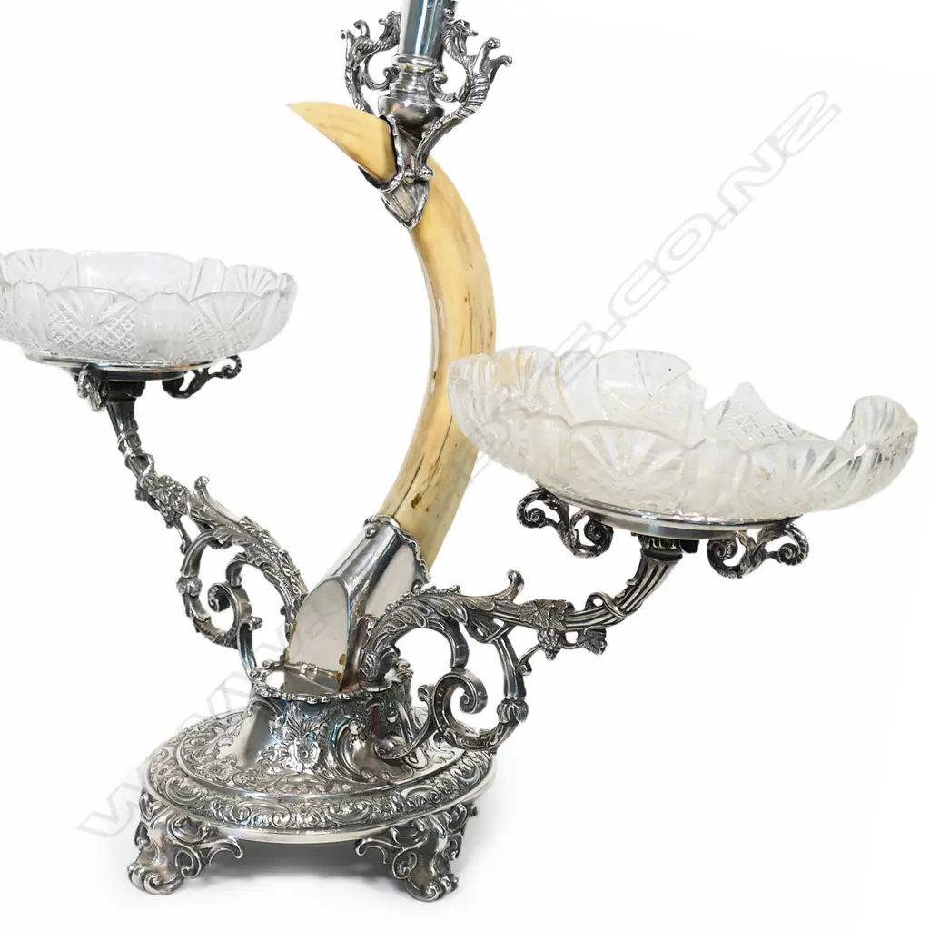 A Victorian silver plate and hippopotamus tusk table centre piece, Image 1++