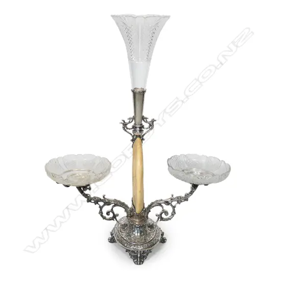 A Victorian silver plate and hippopotamus tusk table centre piece,