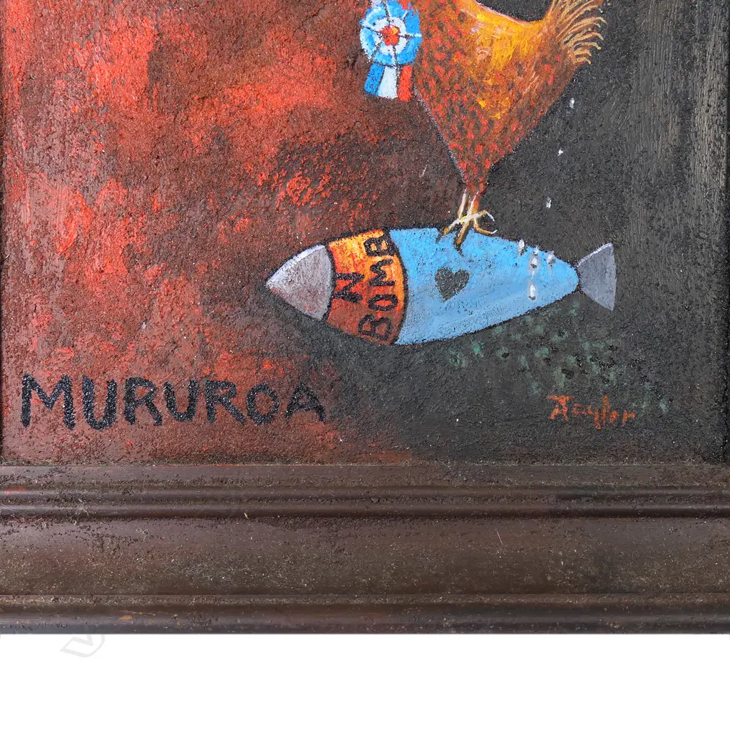 Alan Taylor (NZ 1933-2016) 'Mururoa' (French Cockerel on Nuclear Bomb), Image 1++