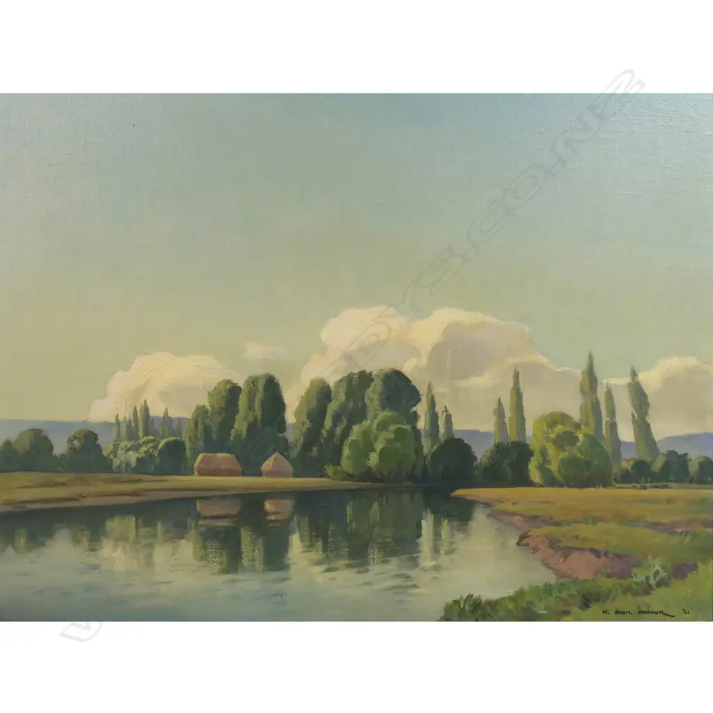 W. Basil Honour (NZ 1897-1988) 'River with Haystacks', Image 1++