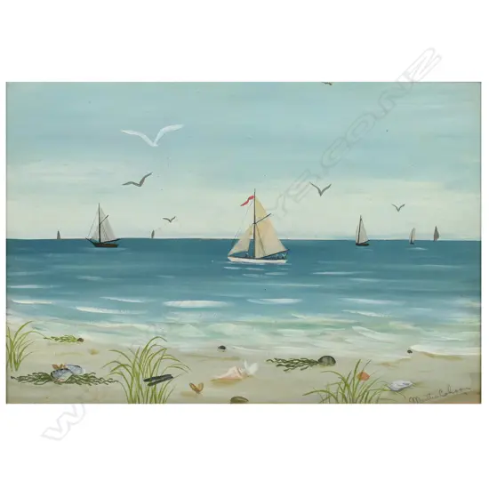 Martha Cahoon (US 1905-1999) Coastal Scene with boats and seashells,