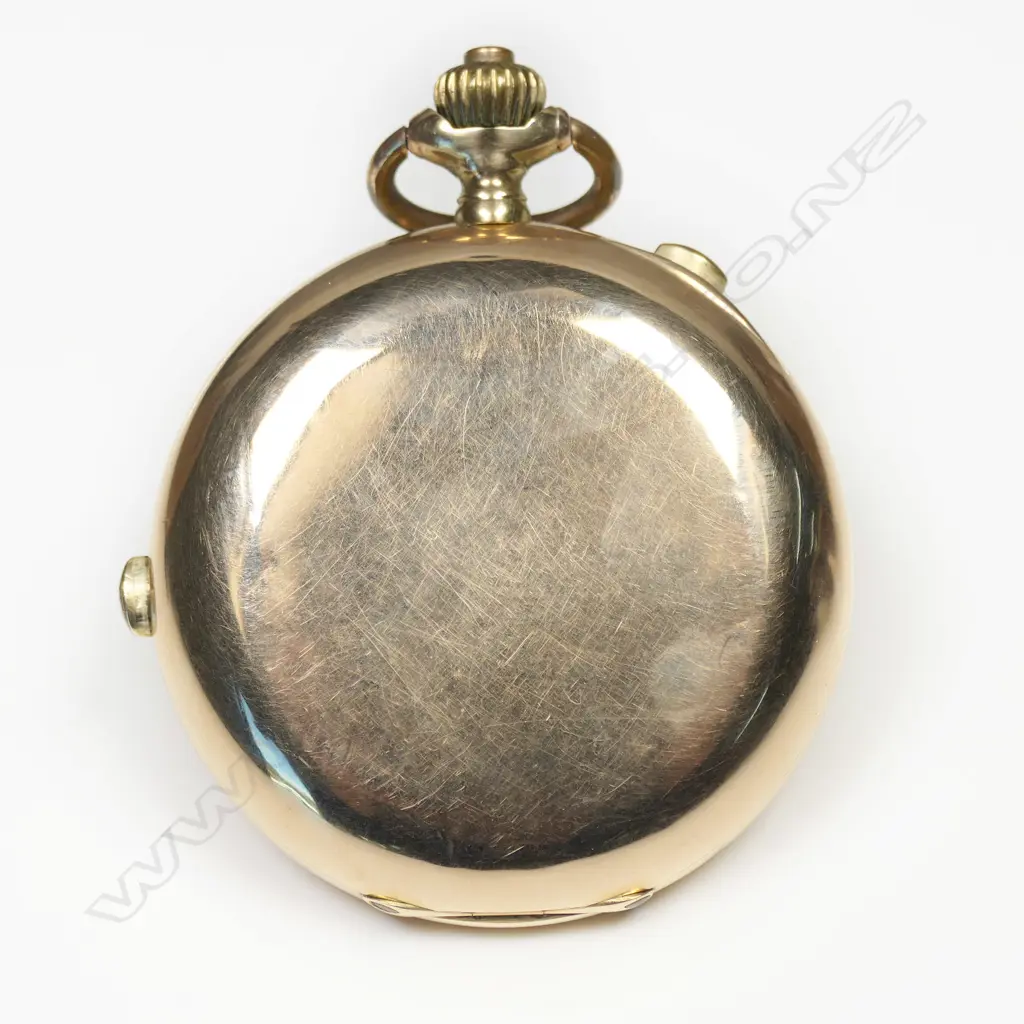 An early 20thc 14ct yellow gold split second chronograph hunter pocket watch, Image 1++