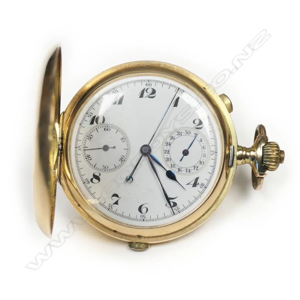 An early 20thc 14ct yellow gold split second chronograph hunter pocket watch, Image 1++