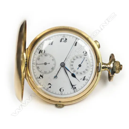 An early 20thc 14ct yellow gold split second chronograph hunter pocket watch,