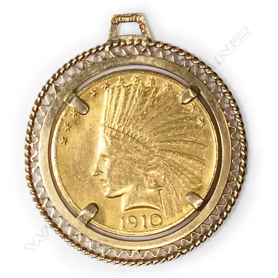 A 1910 USA $10 gold Indian Head Eagle coin,