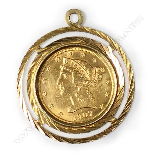 A 1907 USA $5 gold Liberty Coronet Head half Eagle coin,