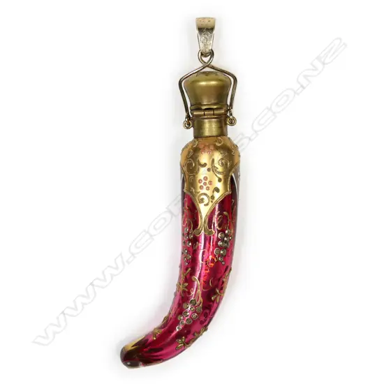 A c.1900 Venetian enamelled ruby glass scent phial with later 9ct gold pendant mount,