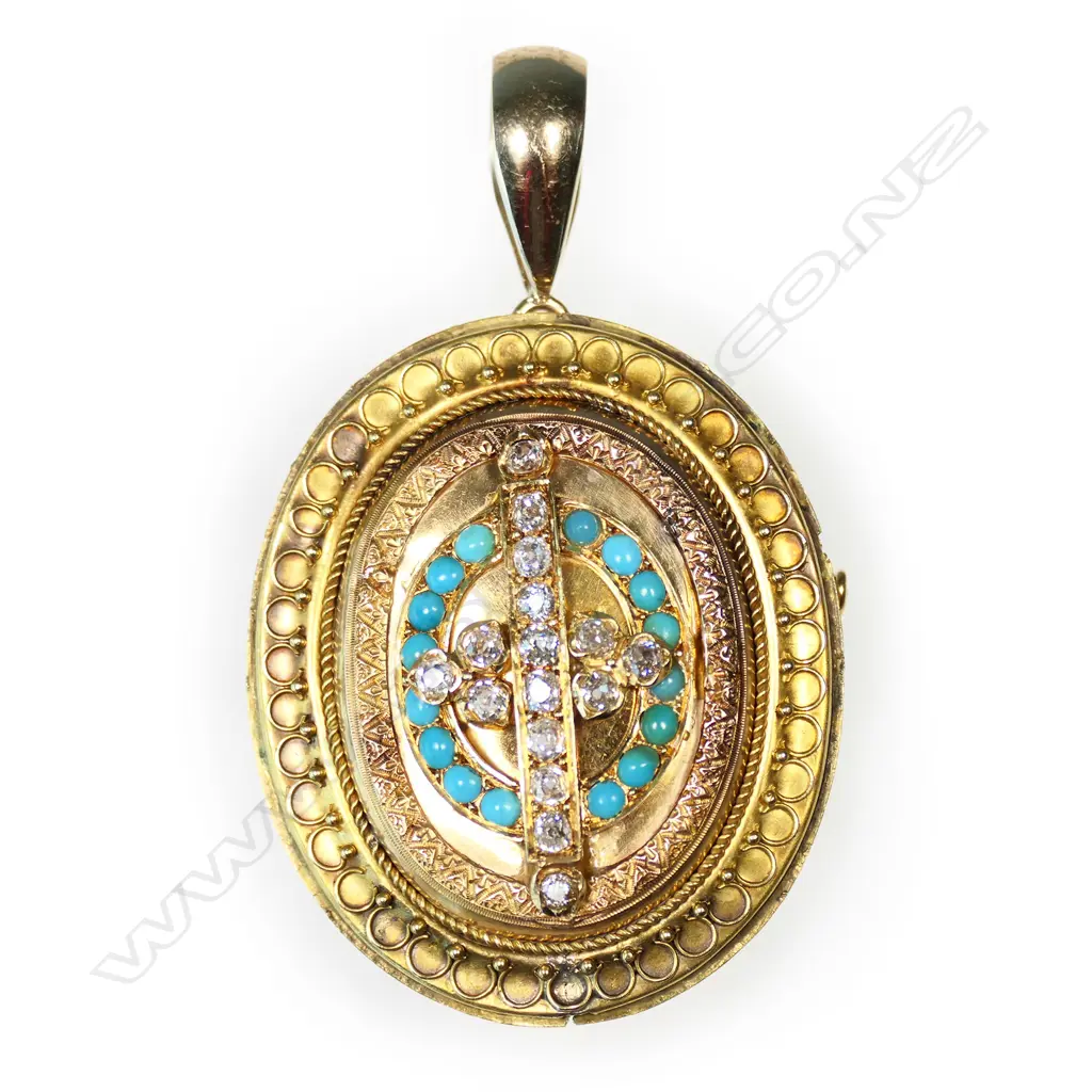 An impressive19thC 18ct yellow gold diamond and turquoise pendant brooch, Image 1++