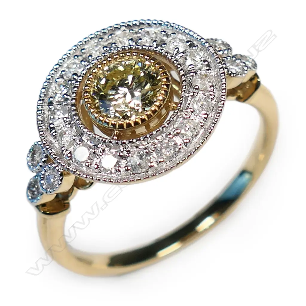 A 14ct gold and diamond antique style halo ring, Image 1++