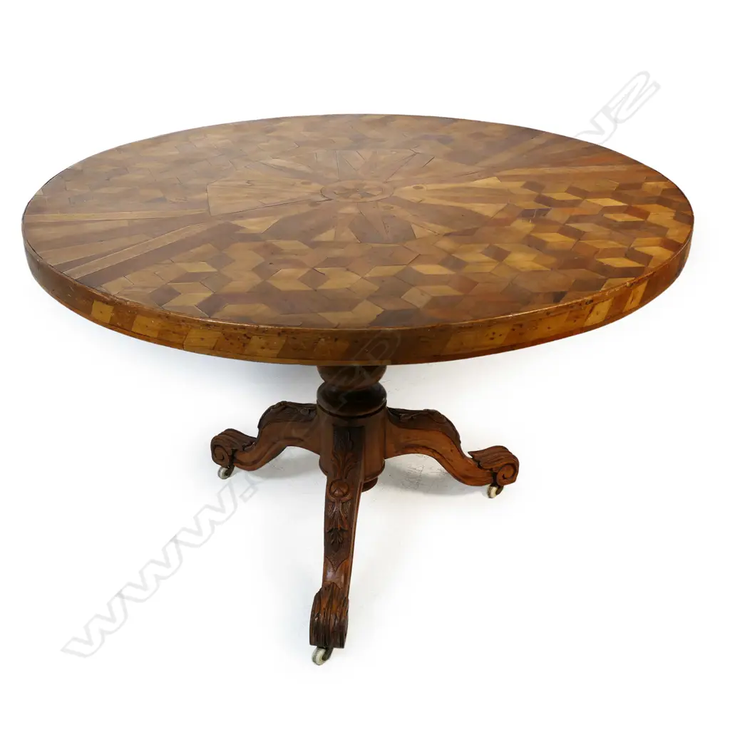 An unusual 19thC NZ colonial and English parquetry tilt top dining table, Image 1++