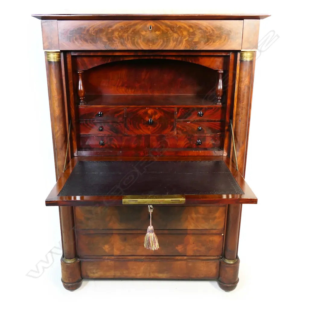 A late 19thC flame mahogany French Empire style Secrétaire à Abattant, Image 1++