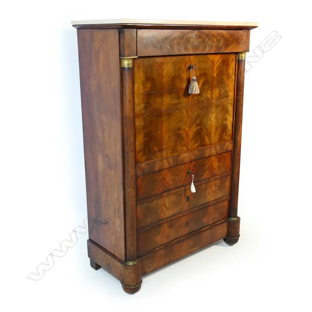 A late 19thC flame mahogany French Empire style Secrétaire à Abattant, Image 1++