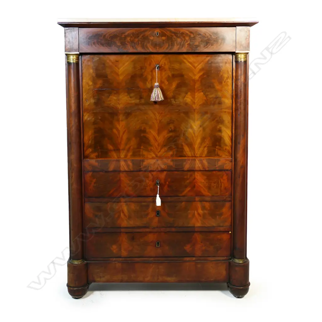 A late 19thC flame mahogany French Empire style Secrétaire à Abattant, Image 1++