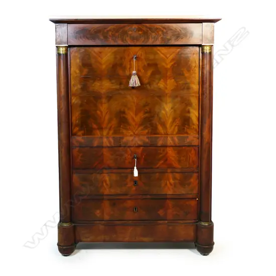 A late 19thC flame mahogany French Empire style Secrétaire à Abattant,