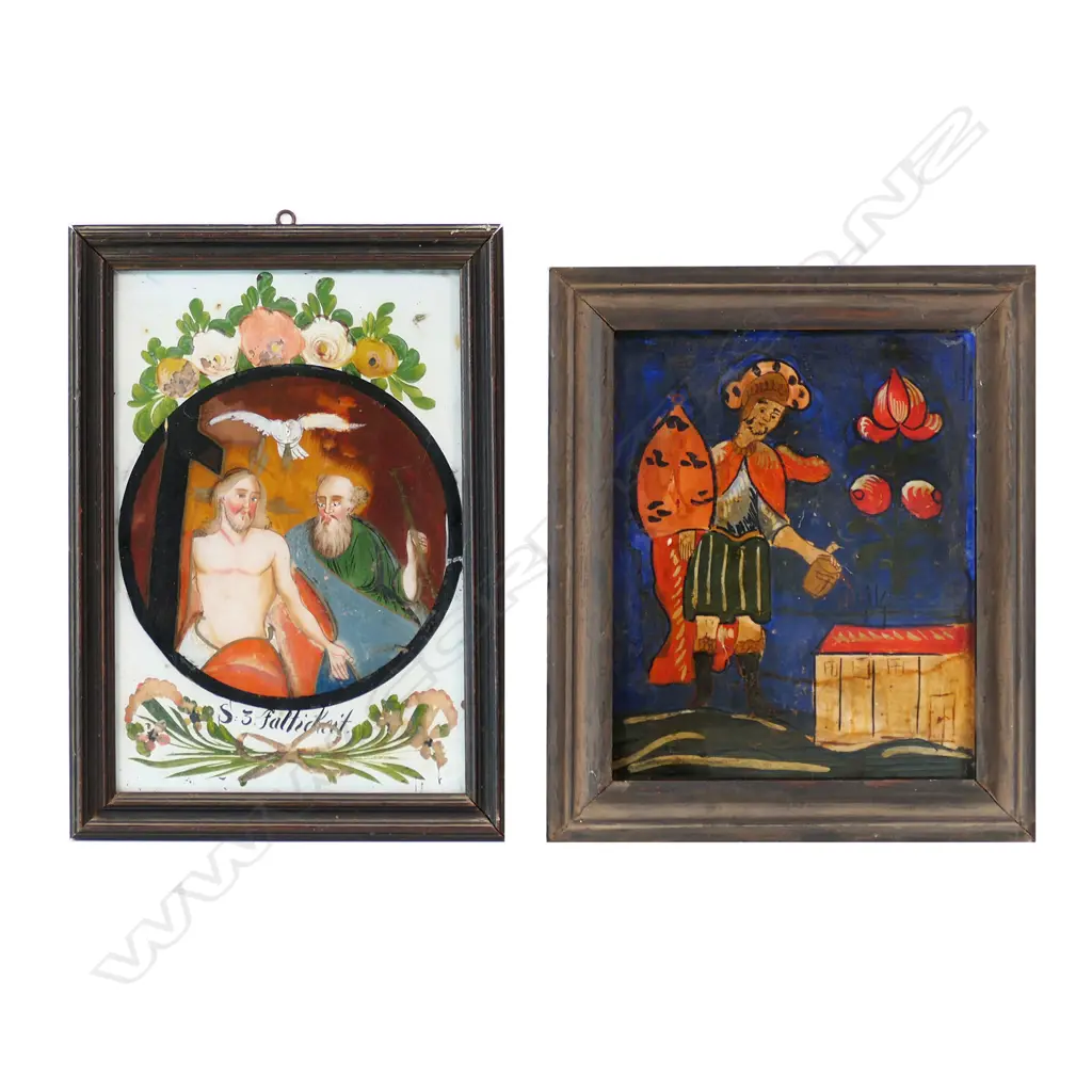 Two 19thC European (Austrian) religious paintings reverse painted on glass, Image 1++
