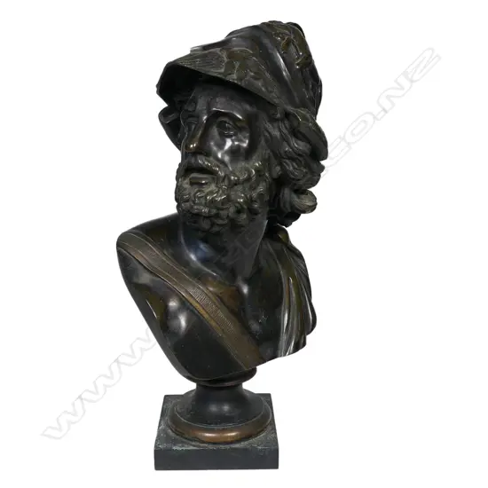 An antique patinated bronze library bust of Menelaus,