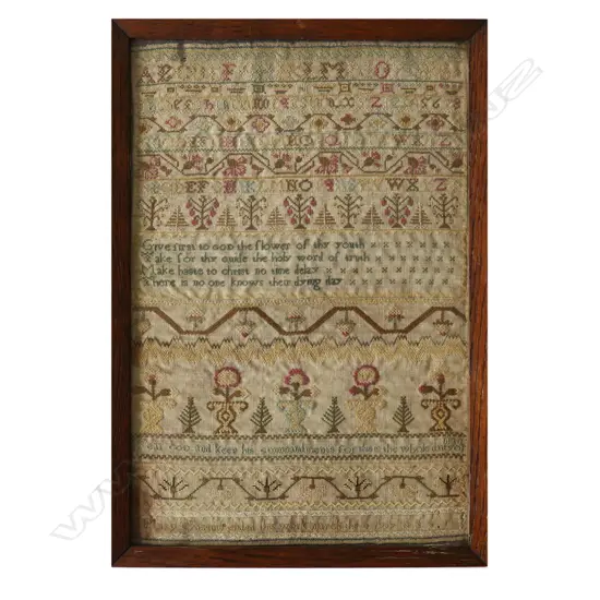A Georgian alphabet sampler dated 1777,
